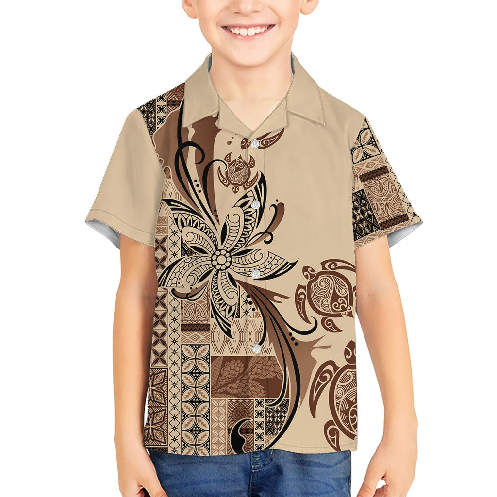 Talofa Samoa Mamanu Siapo Mix Malu Family Matching Off Shoulder Short Dress and Hawaiian Shirt Classic Beige Frangipani and Turtles