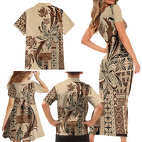 Talofa Samoa Mamanu Siapo Mix Malu Family Matching Short Sleeve Bodycon Dress and Hawaiian Shirt Classic Beige Frangipani and Turtles