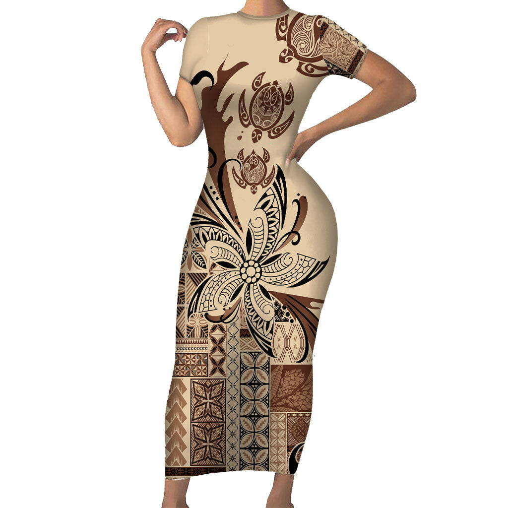 Talofa Samoa Mamanu Siapo Mix Malu Family Matching Short Sleeve Bodycon Dress and Hawaiian Shirt Classic Beige Frangipani and Turtles