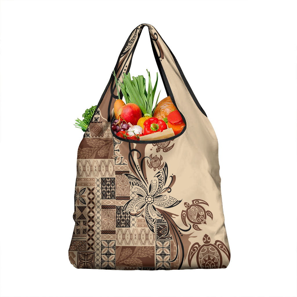 Talofa Samoa Mamanu Siapo Mix Malu Grocery Bag Classic Beige Frangipani and Turtles
