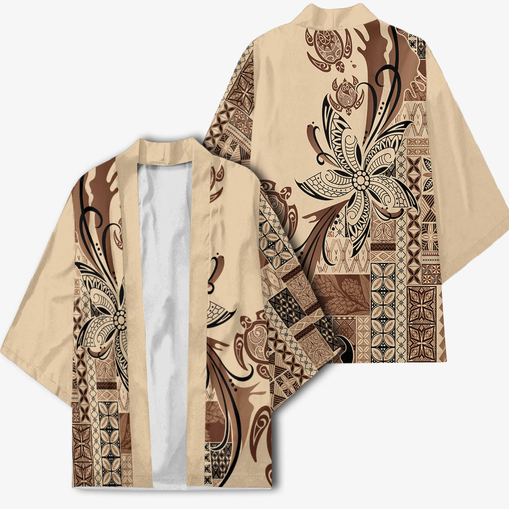 Talofa Samoa Mamanu Siapo Mix Malu Kimono Classic Beige Frangipani and Turtles