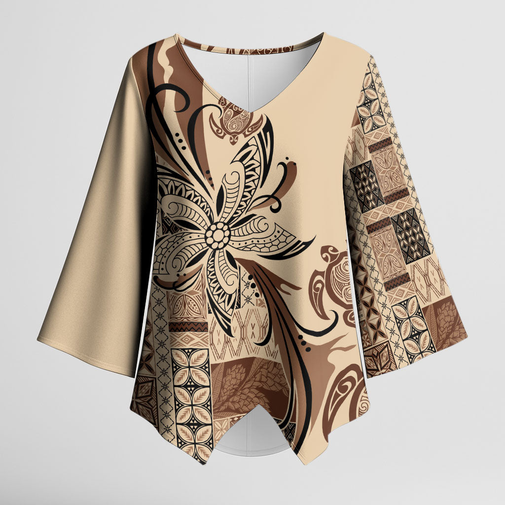 Talofa Samoa Mamanu Siapo Mix Malu Kimono Sleeve Blouse Classic Beige Frangipani and Turtles