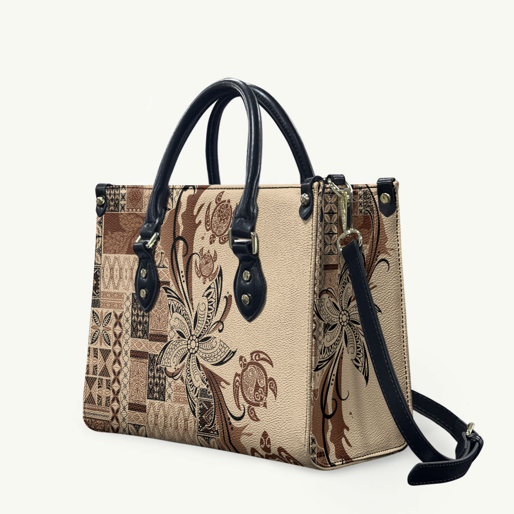 Talofa Samoa Mamanu Siapo Mix Malu Leather Bag Classic Beige Frangipani and Turtles