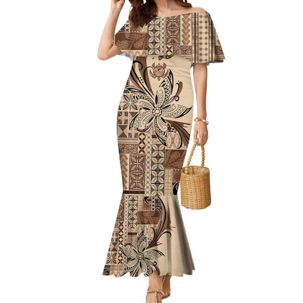 Talofa Samoa Mamanu Siapo Mix Malu Mermaid Dress Classic Beige Frangipani and Turtles