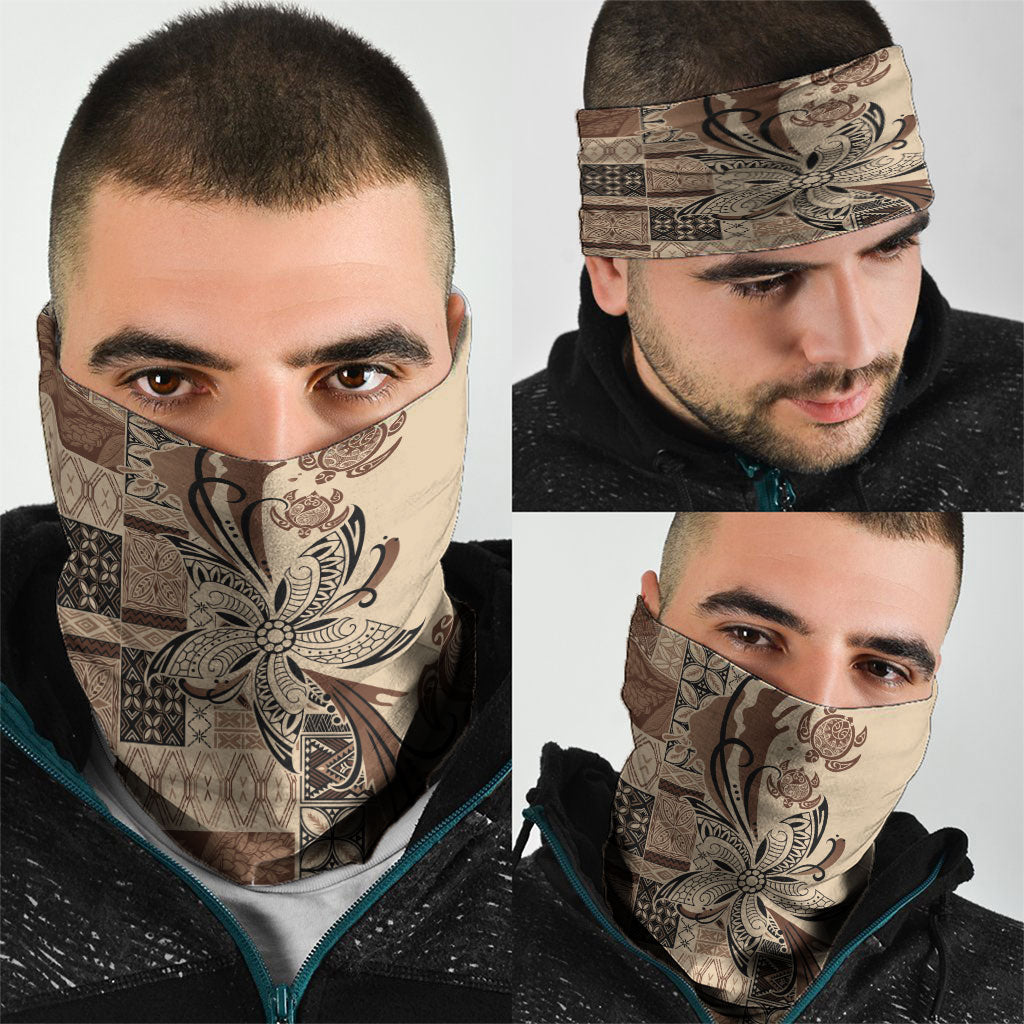 Talofa Samoa Mamanu Siapo Mix Malu Neck Gaiter Classic Beige Frangipani and Turtles