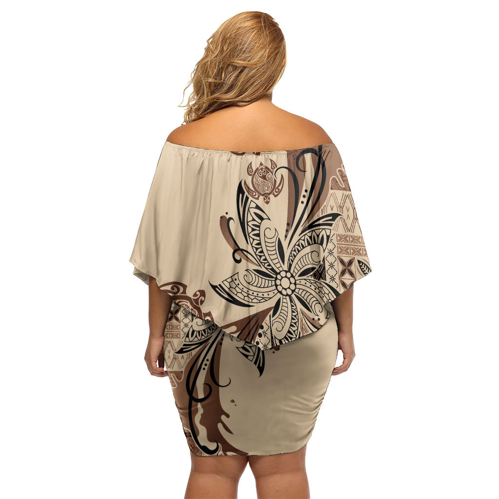 Talofa Samoa Mamanu Siapo Mix Malu Off Shoulder Short Dress Classic Beige Frangipani and Turtles