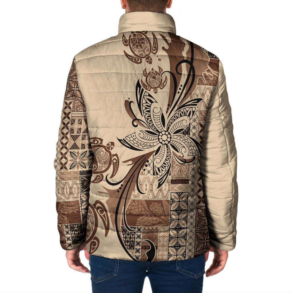 Talofa Samoa Mamanu Siapo Mix Malu Padded Jacket Classic Beige Frangipani and Turtles