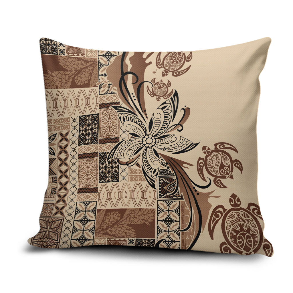 Talofa Samoa Mamanu Siapo Mix Malu Pillow Cover Classic Beige Frangipani and Turtles