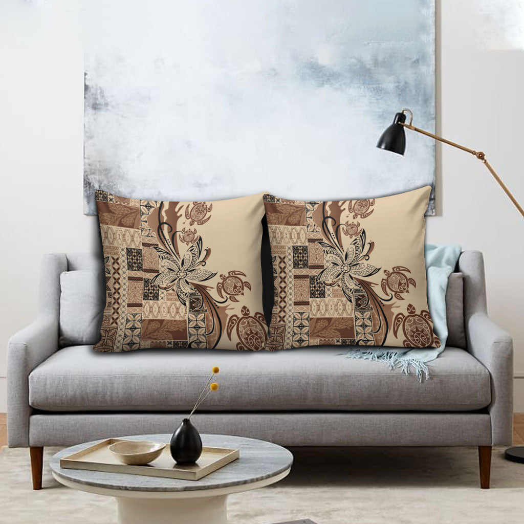 Talofa Samoa Mamanu Siapo Mix Malu Pillow Cover Classic Beige Frangipani and Turtles
