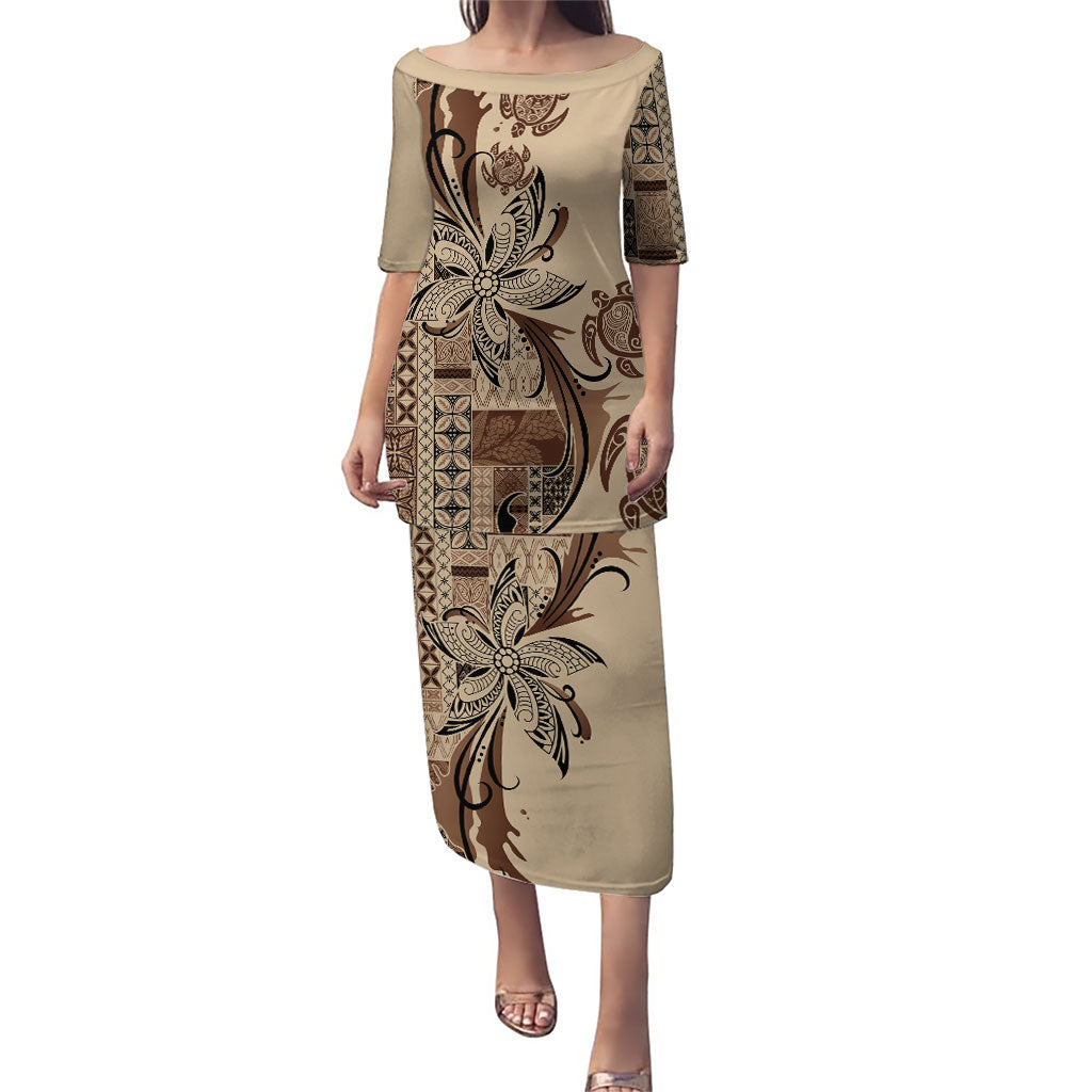 Talofa Samoa Mamanu Siapo Mix Malu Puletasi Classic Beige Frangipani and Turtles LT7 Long Dress Beige - Polynesian Pride