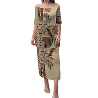Talofa Samoa Mamanu Siapo Mix Malu Puletasi Classic Beige Frangipani and Turtles LT7 Long Dress Beige - Polynesian Pride