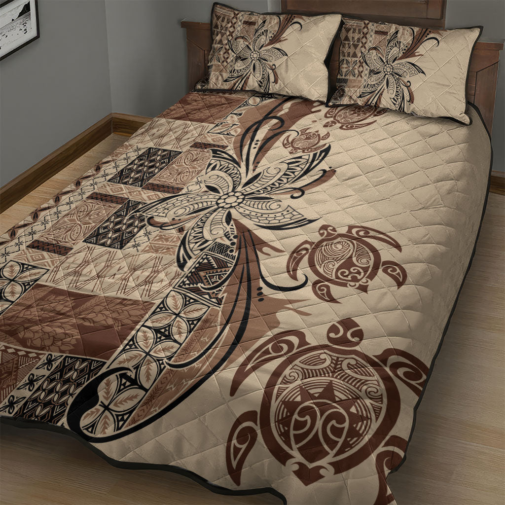 Talofa Samoa Mamanu Siapo Mix Malu Quilt Bed Set Classic Beige Frangipani and Turtles