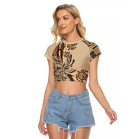 Talofa Samoa Mamanu Siapo Mix Malu Raglan Cropped T Shirt Classic Beige Frangipani and Turtles