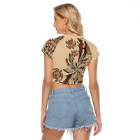 Talofa Samoa Mamanu Siapo Mix Malu Raglan Cropped T Shirt Classic Beige Frangipani and Turtles