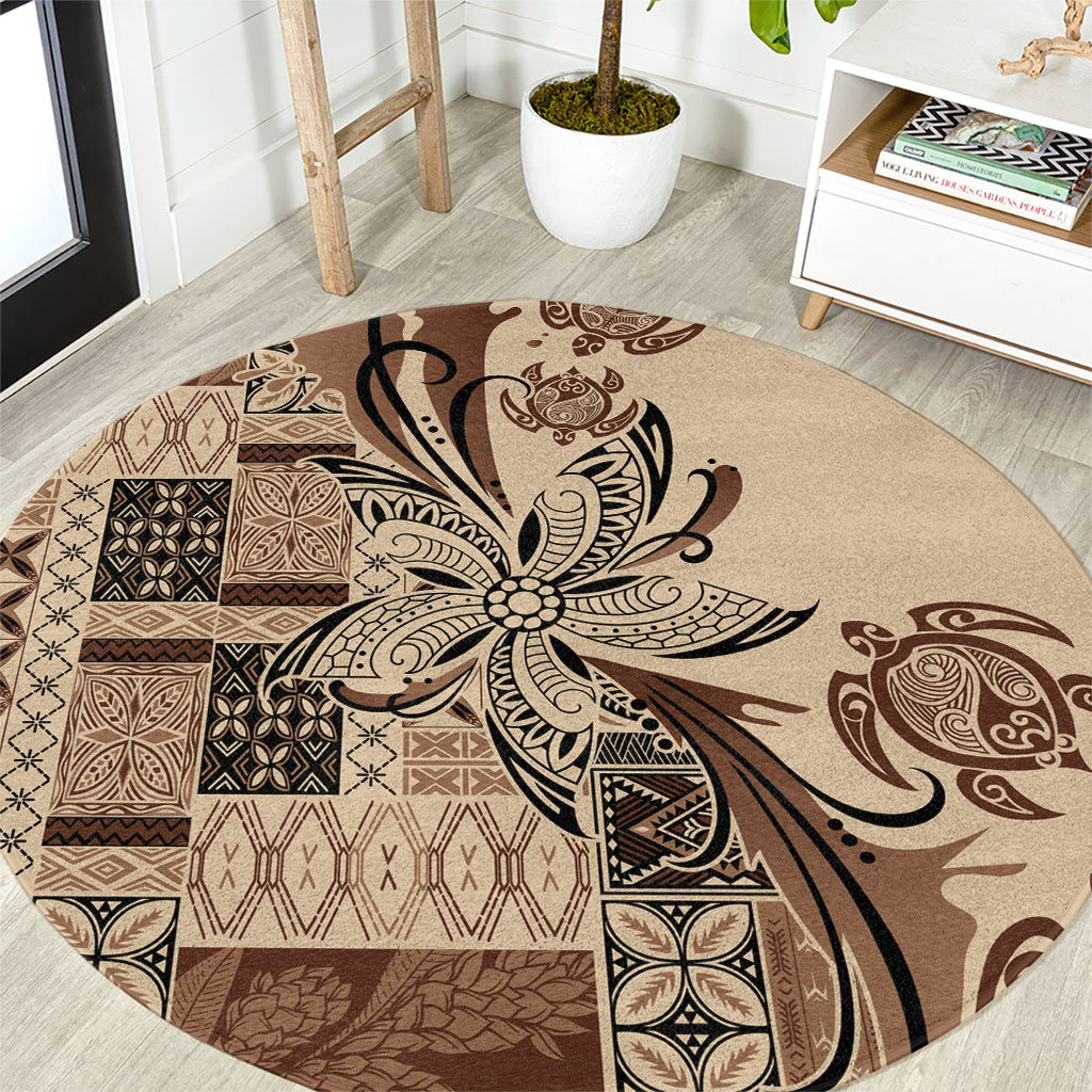 Talofa Samoa Mamanu Siapo Mix Malu Round Carpet Classic Beige Frangipani and Turtles LT7 Beige - Polynesian Pride