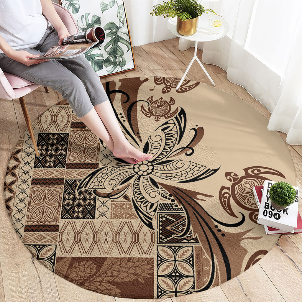 Talofa Samoa Mamanu Siapo Mix Malu Round Carpet Classic Beige Frangipani and Turtles LT7 - Polynesian Pride