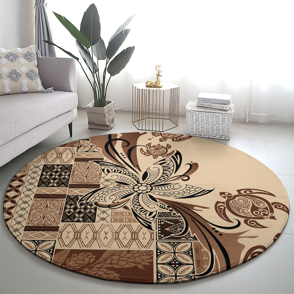 Talofa Samoa Mamanu Siapo Mix Malu Round Carpet Classic Beige Frangipani and Turtles LT7 - Polynesian Pride