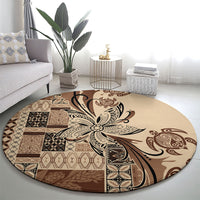 Talofa Samoa Mamanu Siapo Mix Malu Round Carpet Classic Beige Frangipani and Turtles LT7 - Polynesian Pride