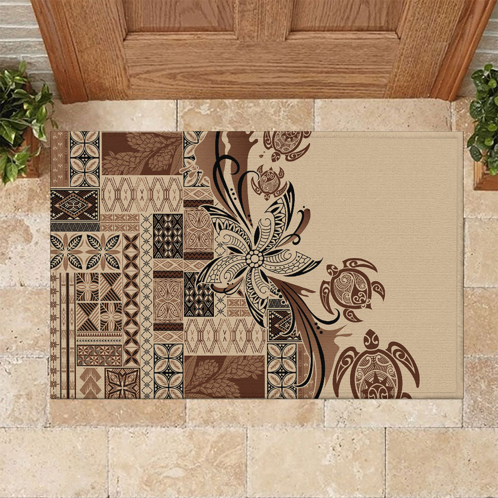 Talofa Samoa Mamanu Siapo Mix Malu Rubber Doormat Classic Beige Frangipani and Turtles
