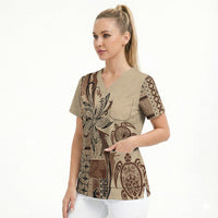 Talofa Samoa Mamanu Siapo Mix Malu Scrub Top Classic Beige Frangipani and Turtles