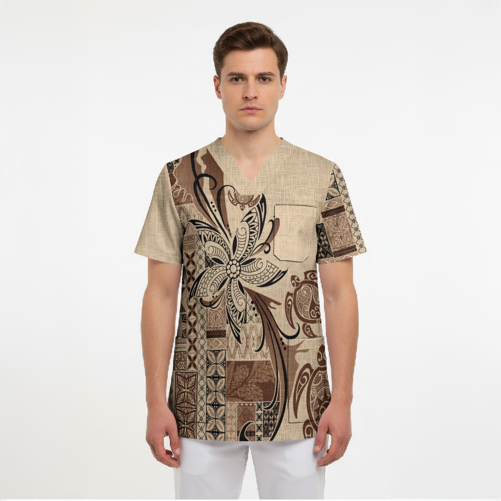 Talofa Samoa Mamanu Siapo Mix Malu Scrub Top Classic Beige Frangipani and Turtles