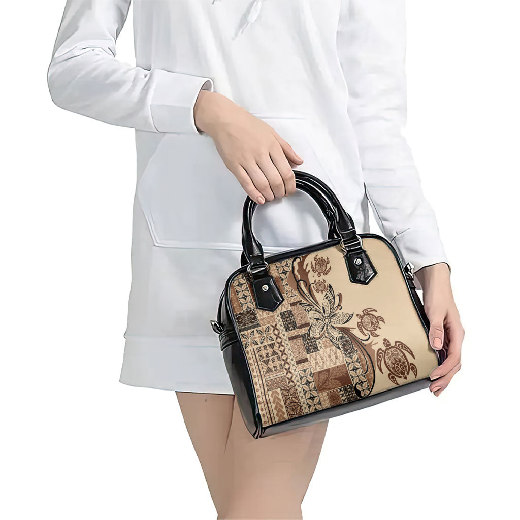 Talofa Samoa Mamanu Siapo Mix Malu Shoulder Handbag Classic Beige Frangipani and Turtles