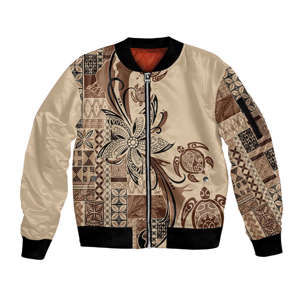 Talofa Samoa Mamanu Siapo Mix Malu Sleeve Zip Bomber Jacket Classic Beige Frangipani and Turtles
