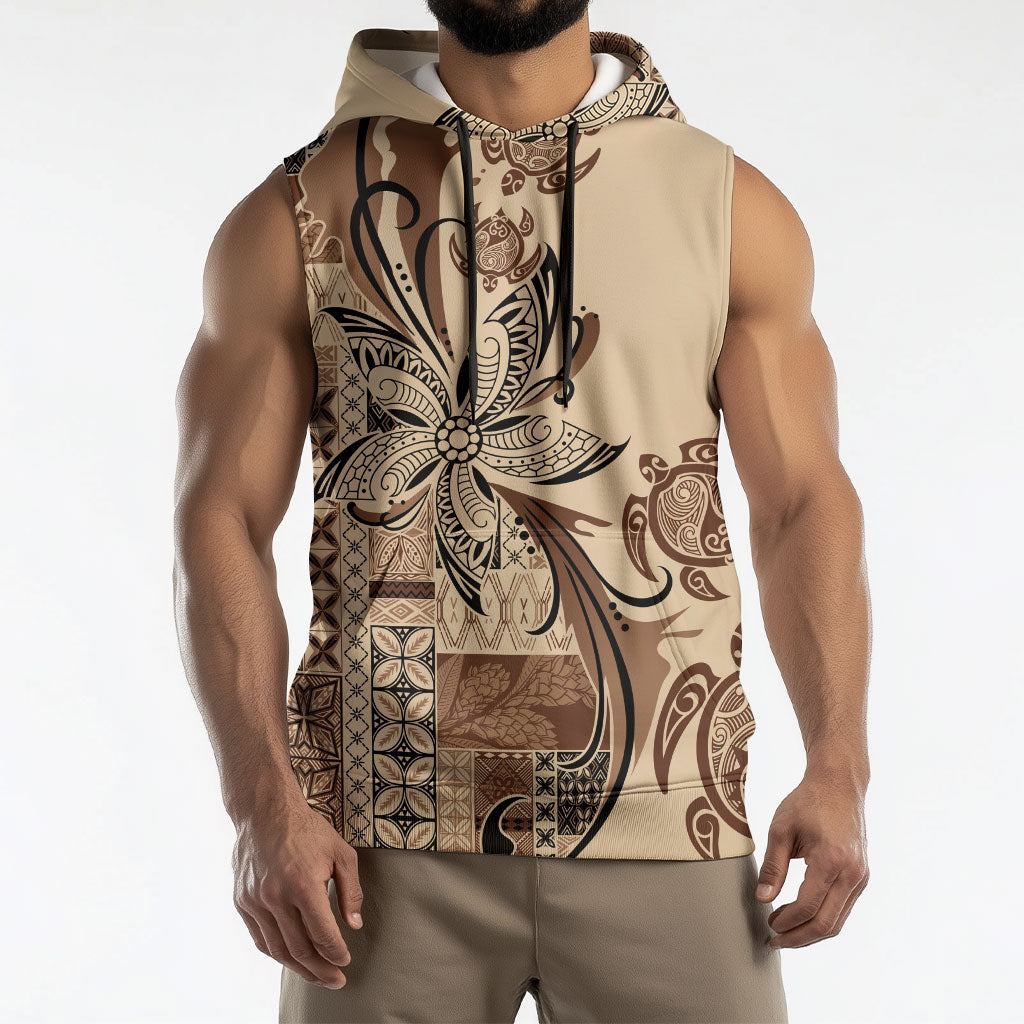 Talofa Samoa Mamanu Siapo Mix Malu Sleeveless Hoodie Classic Beige Frangipani and Turtles