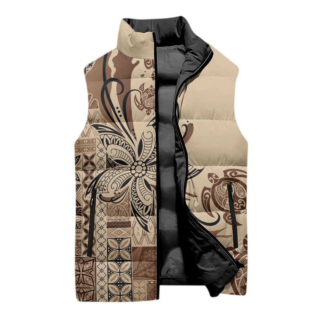 Talofa Samoa Mamanu Siapo Mix Malu Sleeveless Puffer Jacket Classic Beige Frangipani and Turtles