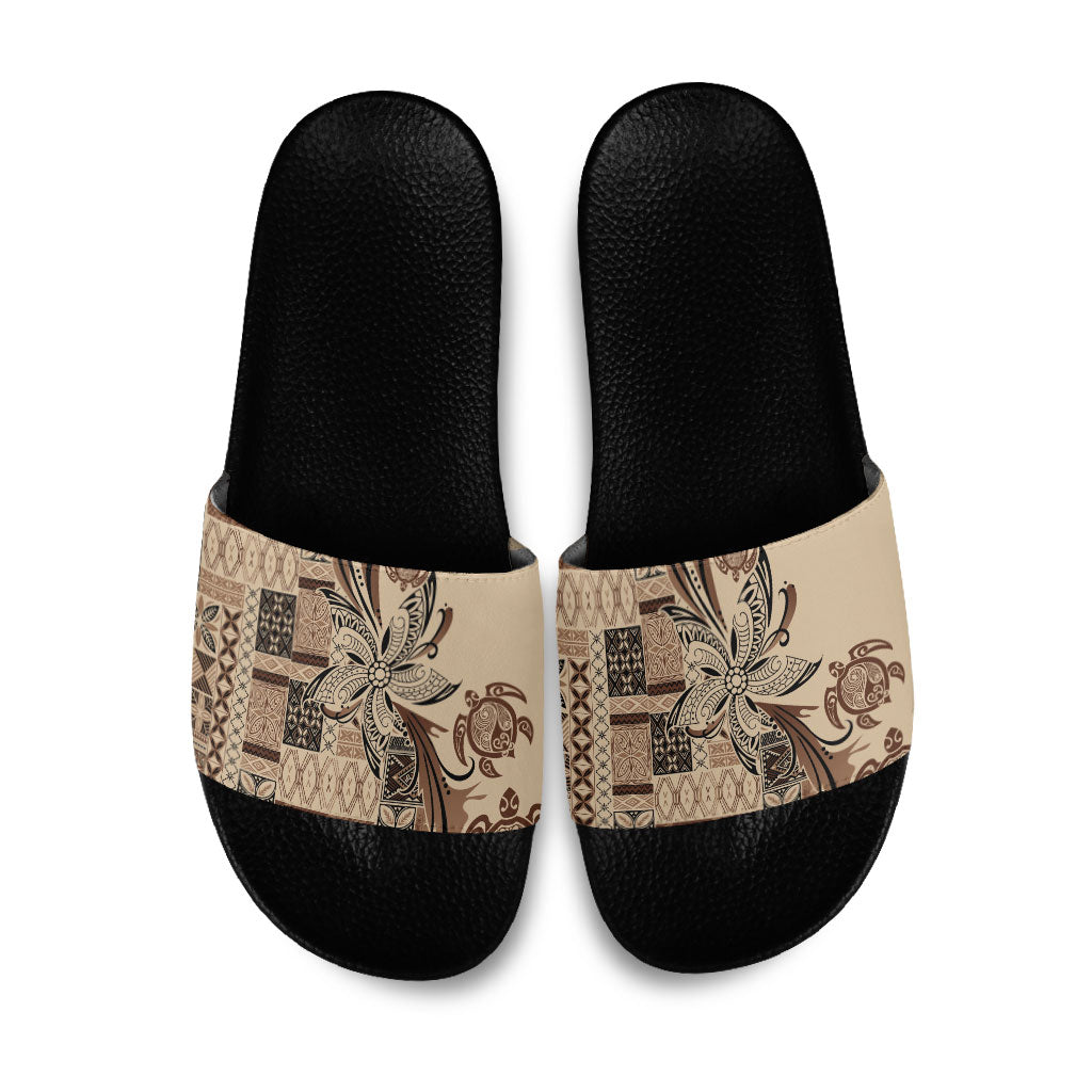Talofa Samoa Mamanu Siapo Mix Malu Slide Sandals Classic Beige Frangipani and Turtles LT7 Beige - Polynesian Pride