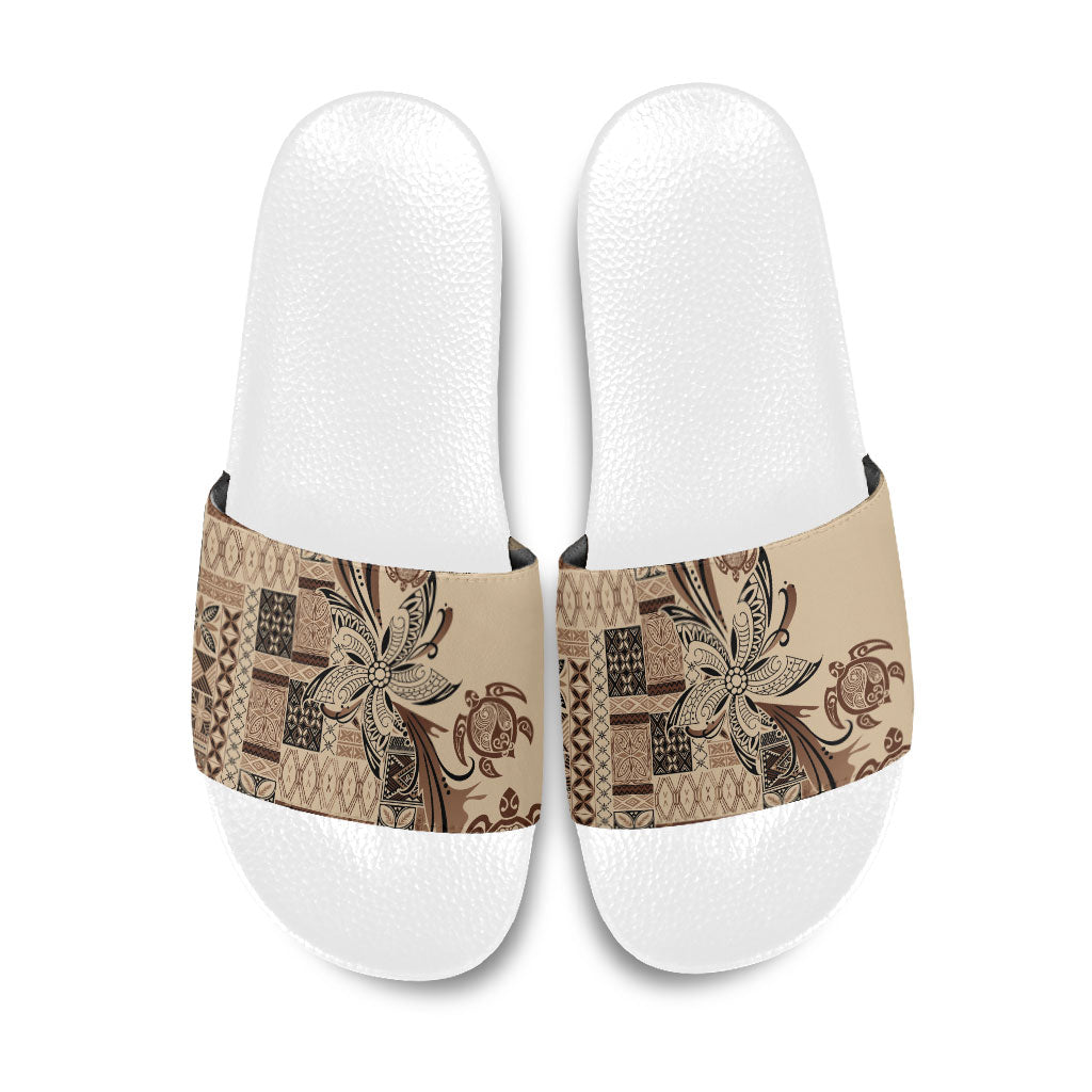 Talofa Samoa Mamanu Siapo Mix Malu Slide Sandals Classic Beige Frangipani and Turtles LT7 Beige - Polynesian Pride