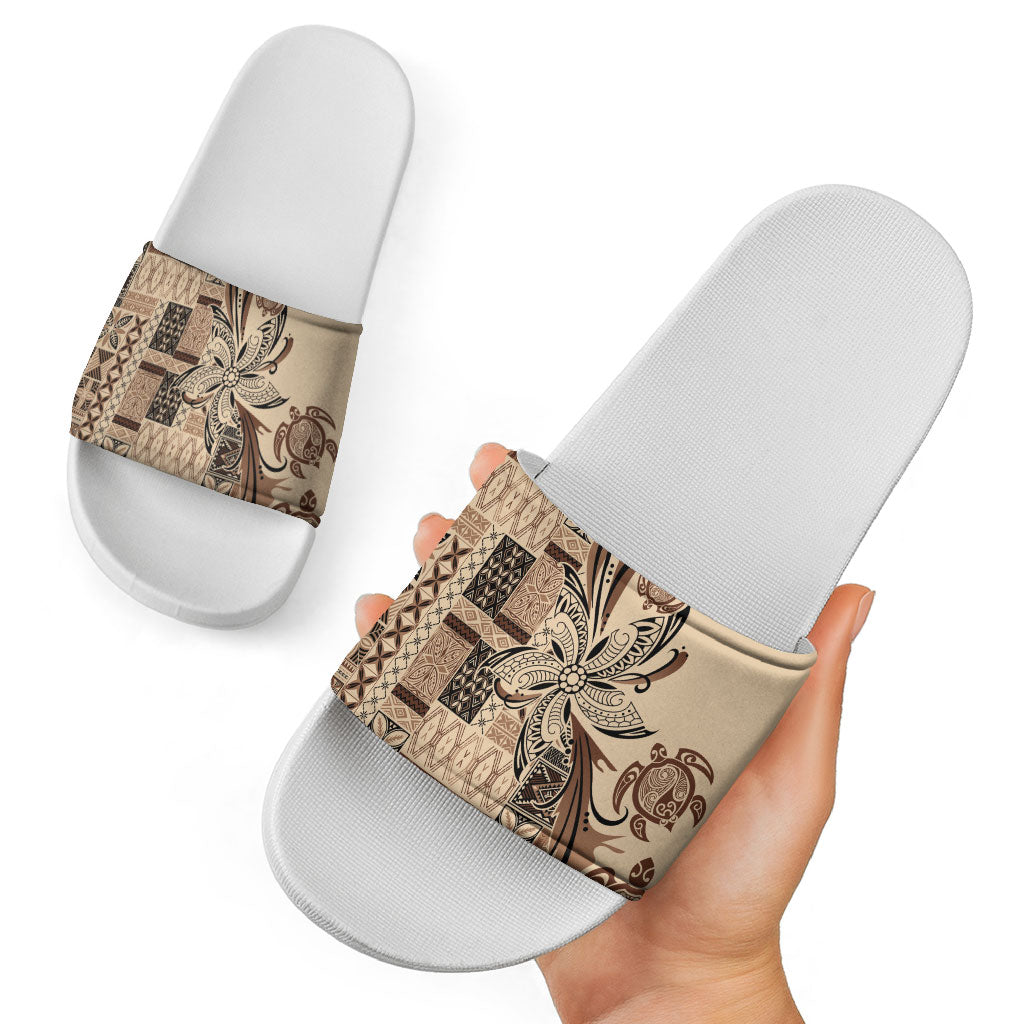Talofa Samoa Mamanu Siapo Mix Malu Slide Sandals Classic Beige Frangipani and Turtles LT7 - Polynesian Pride