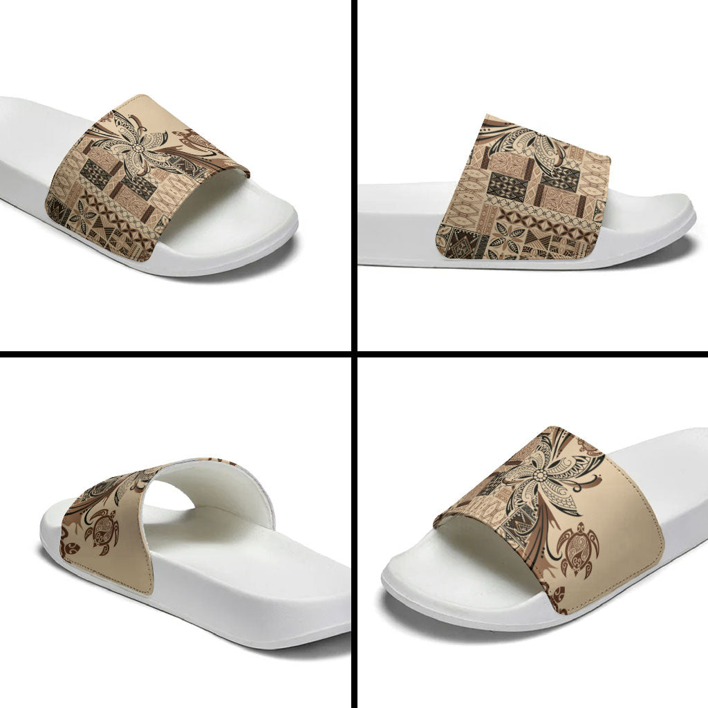 Talofa Samoa Mamanu Siapo Mix Malu Slide Sandals Classic Beige Frangipani and Turtles LT7 - Polynesian Pride