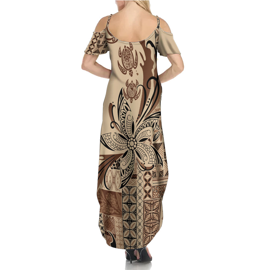 Talofa Samoa Mamanu Siapo Mix Malu Summer Maxi Dress Classic Beige Frangipani and Turtles