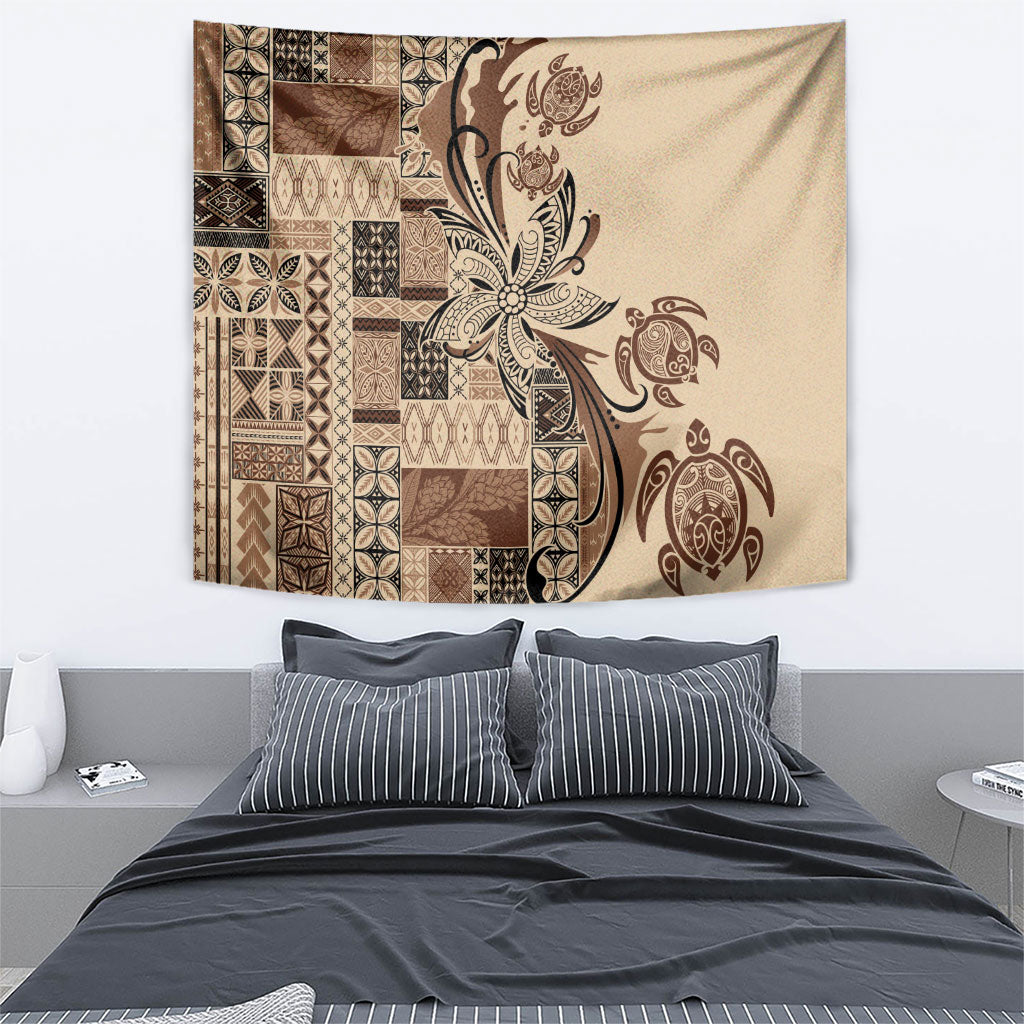 Talofa Samoa Mamanu Siapo Mix Malu Tapestry Classic Beige Frangipani and Turtles LT7 - Polynesian Pride