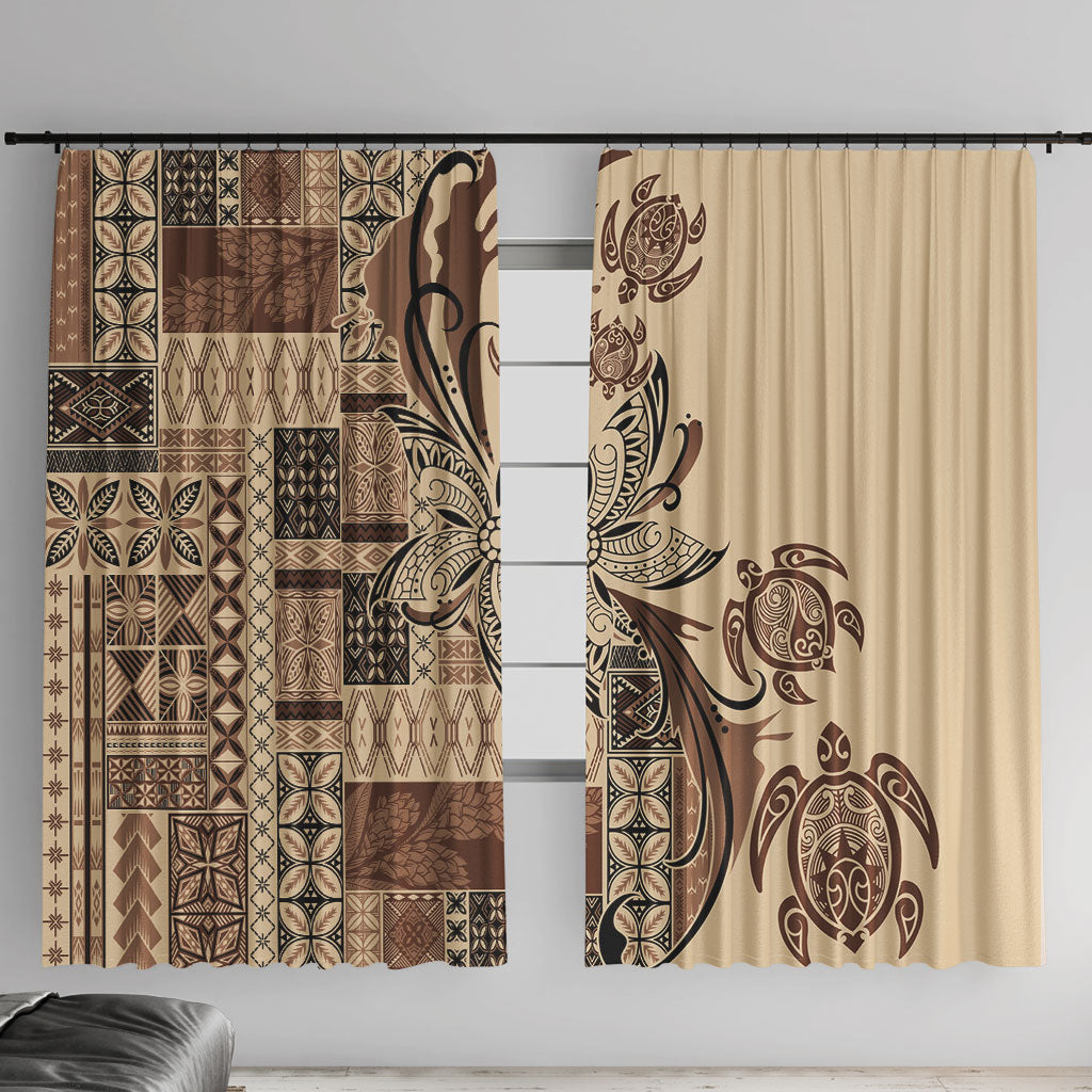 Talofa Samoa Mamanu Siapo Mix Malu Window Curtain Classic Beige Frangipani and Turtles LT7 With Hooks Beige - Polynesian Pride