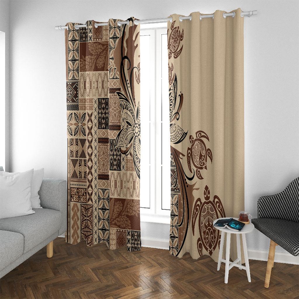 Talofa Samoa Mamanu Siapo Mix Malu Window Curtain Classic Beige Frangipani and Turtles LT7 With Grommets Beige - Polynesian Pride