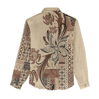 Talofa Samoa Mamanu Siapo Mix Malu Women Casual Shirt Classic Beige Frangipani and Turtles