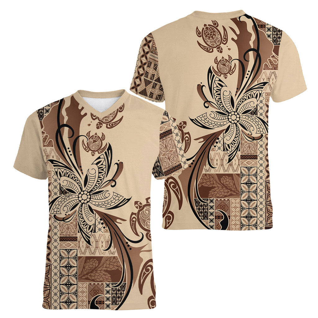 Talofa Samoa Mamanu Siapo Mix Malu Women V-Neck T-Shirt Classic Beige Frangipani and Turtles