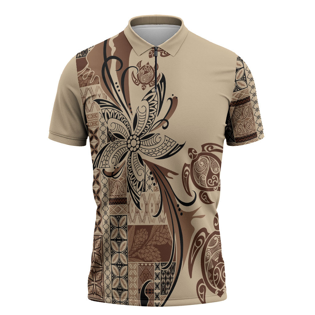 Talofa Samoa Mamanu Siapo Mix Malu Zipper Polo Shirt Classic Beige Frangipani and Turtles