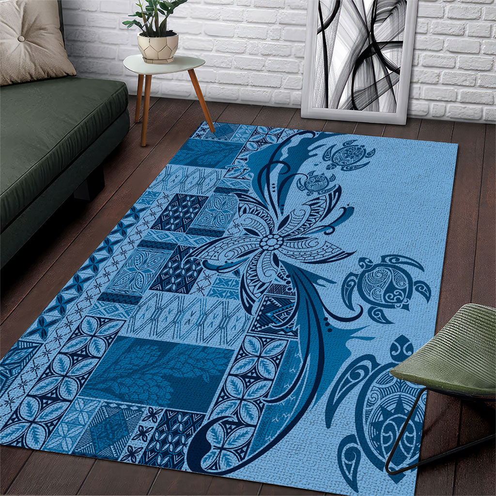 Talofa Samoa Mamanu Siapo Mix Malu Area Rug Cool Blue Frangipani and Turtles