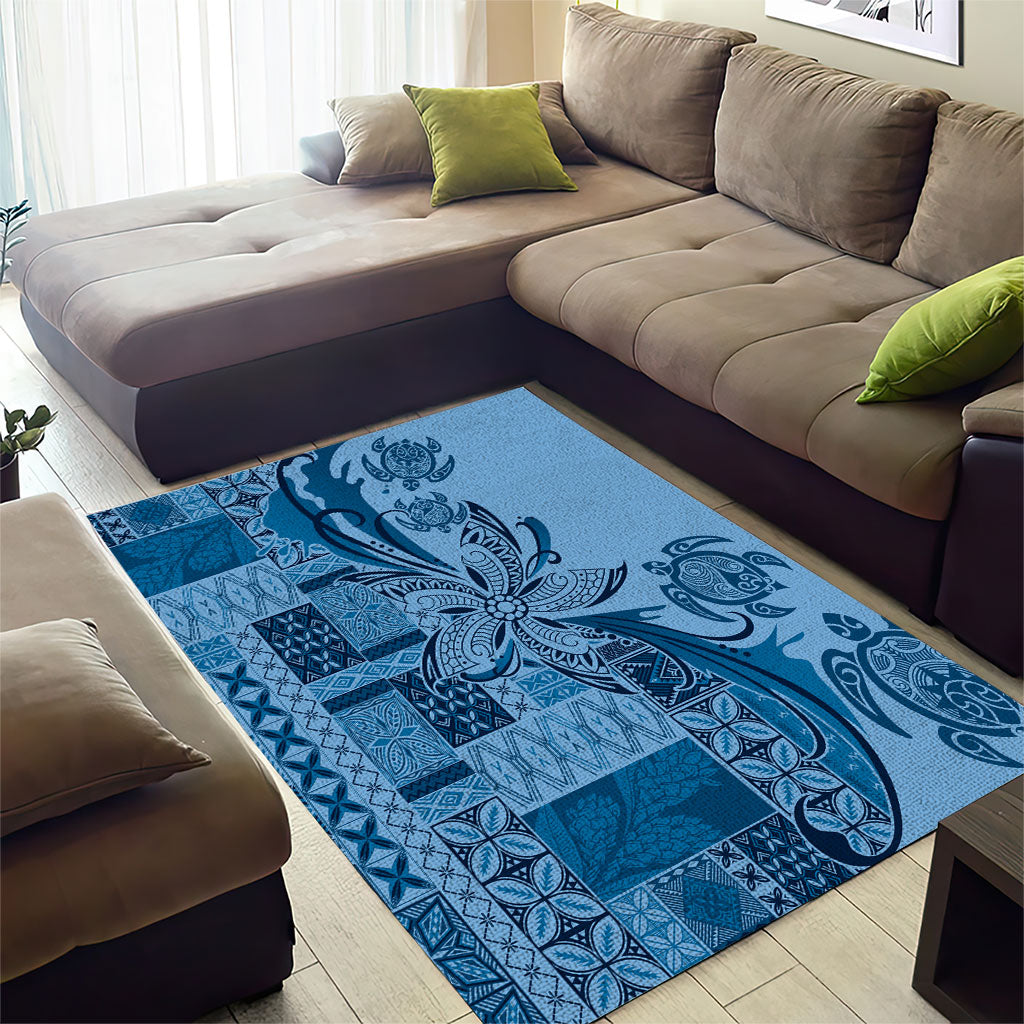 Talofa Samoa Mamanu Siapo Mix Malu Area Rug Cool Blue Frangipani and Turtles