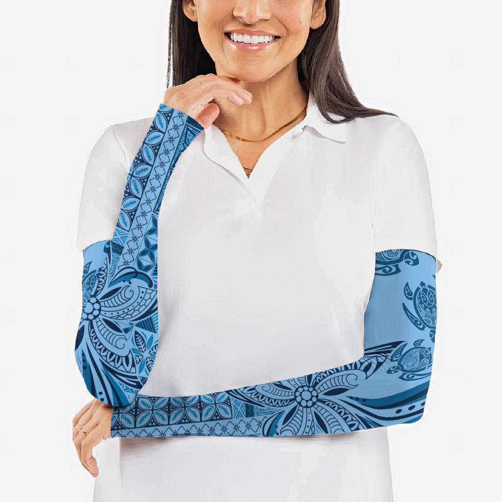Talofa Samoa Mamanu Siapo Mix Malu Arm Sleeves Cool Blue Frangipani and Turtles