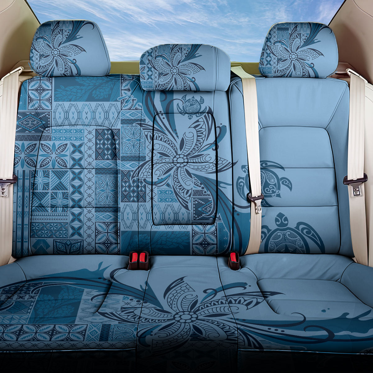 Talofa Samoa Mamanu Siapo Mix Malu Back Car Seat Cover Cool Blue Frangipani and Turtles