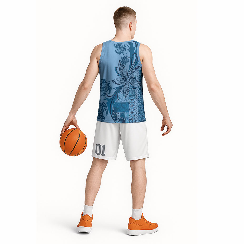 Talofa Samoa Mamanu Siapo Mix Malu Basketball Jersey Cool Blue Frangipani and Turtles
