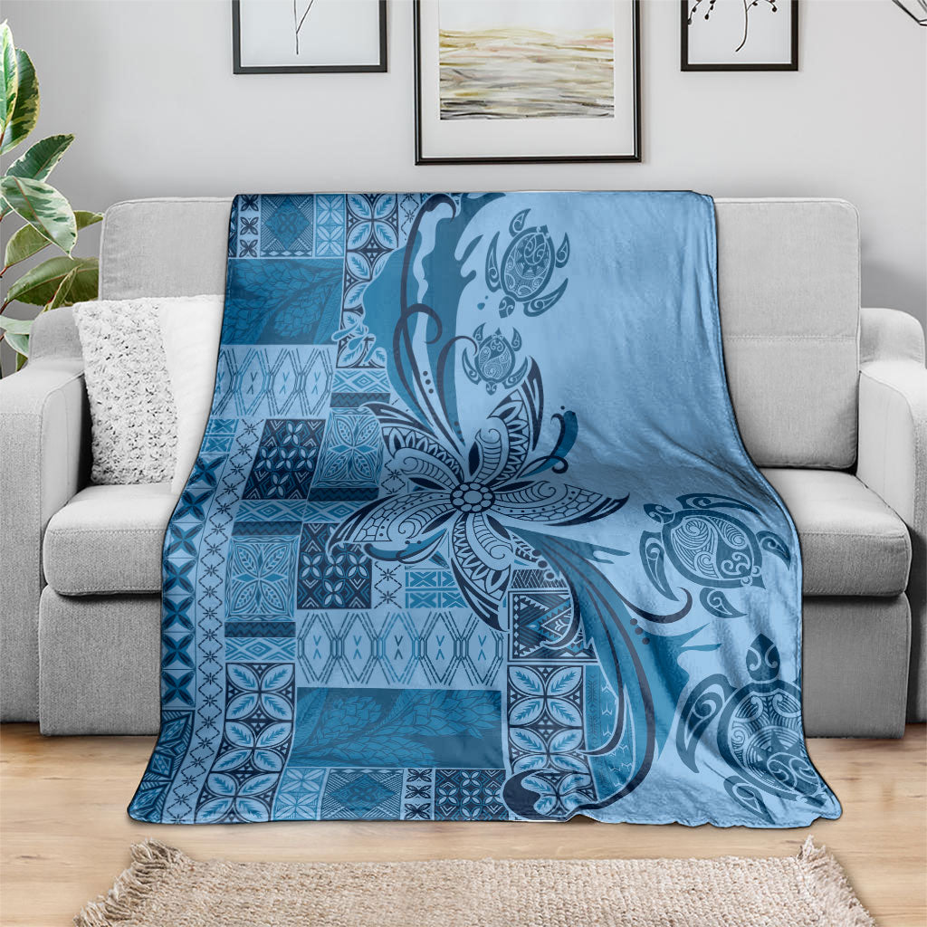 Talofa Samoa Mamanu Siapo Mix Malu Blanket Cool Blue Frangipani and Turtles