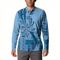 Talofa Samoa Mamanu Siapo Mix Malu Button Sweatshirt Cool Blue Frangipani and Turtles