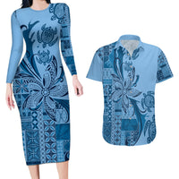 Talofa Samoa Mamanu Siapo Mix Malu Couples Matching Long Sleeve Bodycon Dress and Hawaiian Shirt Cool Blue Frangipani and Turtles