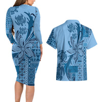 Talofa Samoa Mamanu Siapo Mix Malu Couples Matching Long Sleeve Bodycon Dress and Hawaiian Shirt Cool Blue Frangipani and Turtles