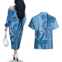 Talofa Samoa Mamanu Siapo Mix Malu Couples Matching Off The Shoulder Long Sleeve Dress and Hawaiian Shirt Cool Blue Frangipani and Turtles